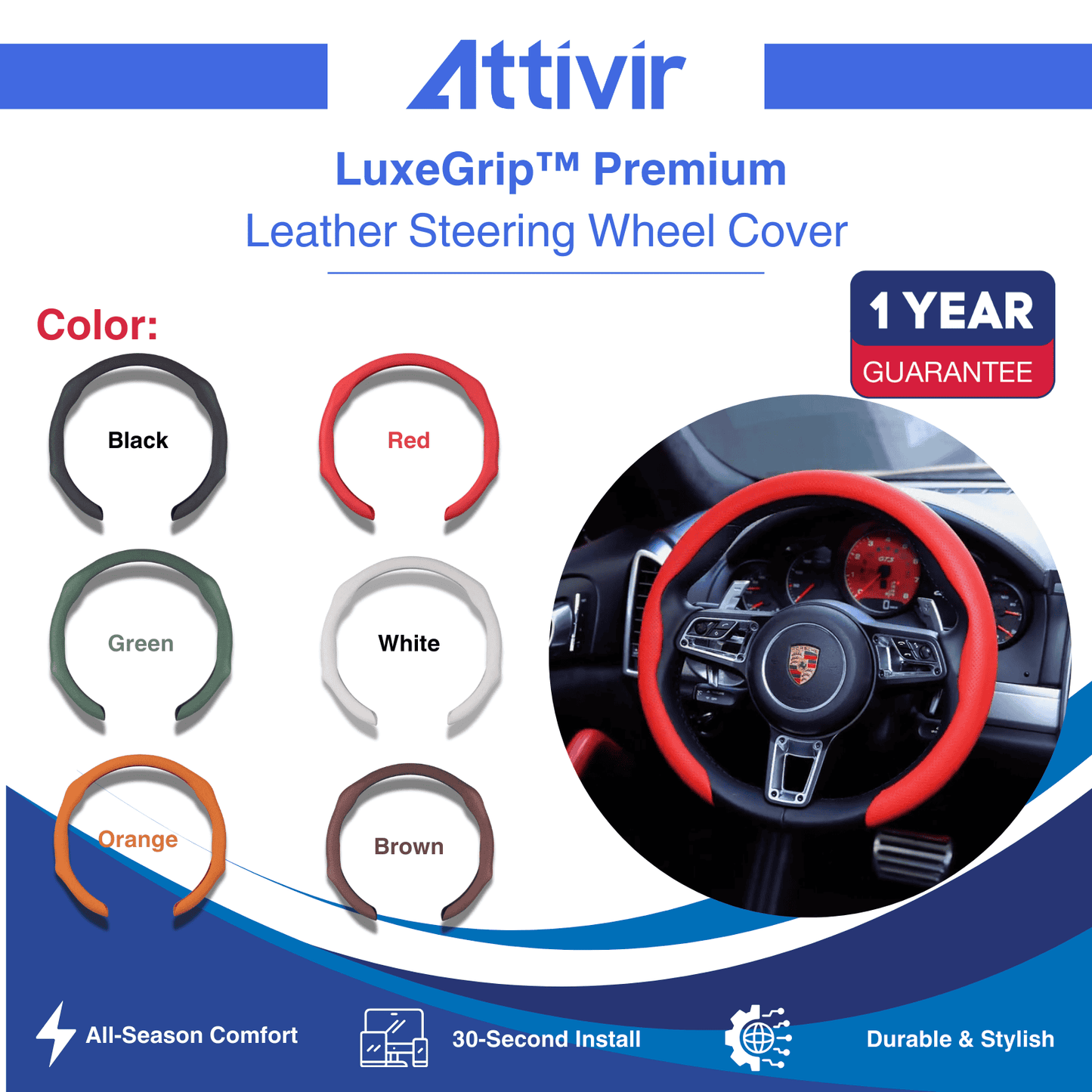 LuxeGrip™ Premium Leather Steering Wheel Cover