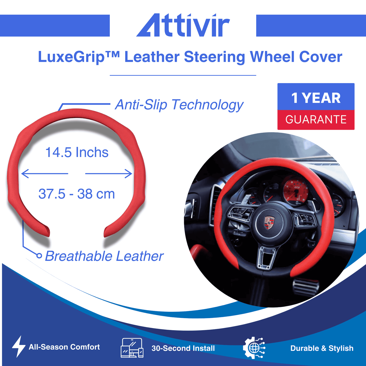 LuxeGrip™ Premium Leather Steering Wheel Cover