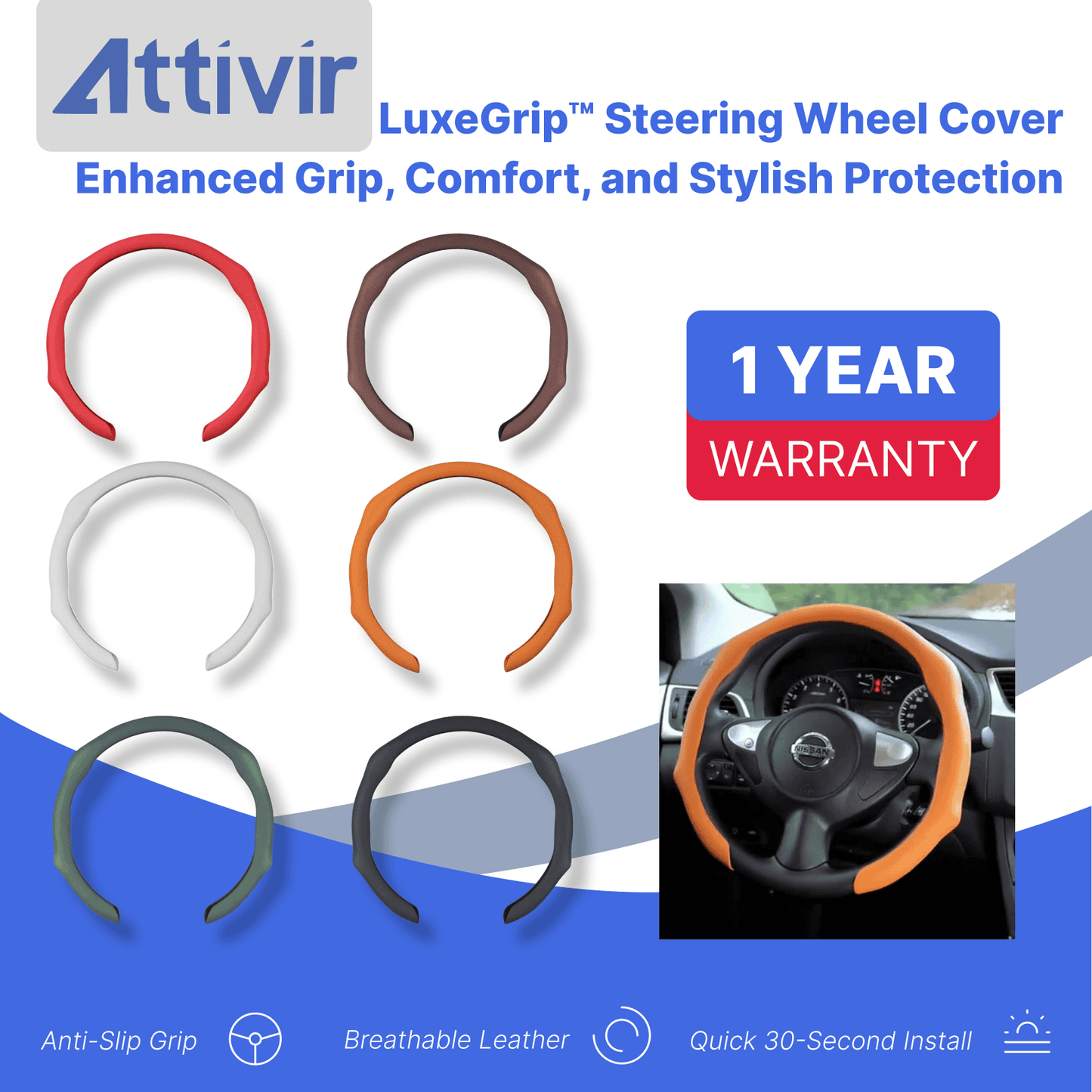 LuxeGrip™ Premium Leather Steering Wheel Cover