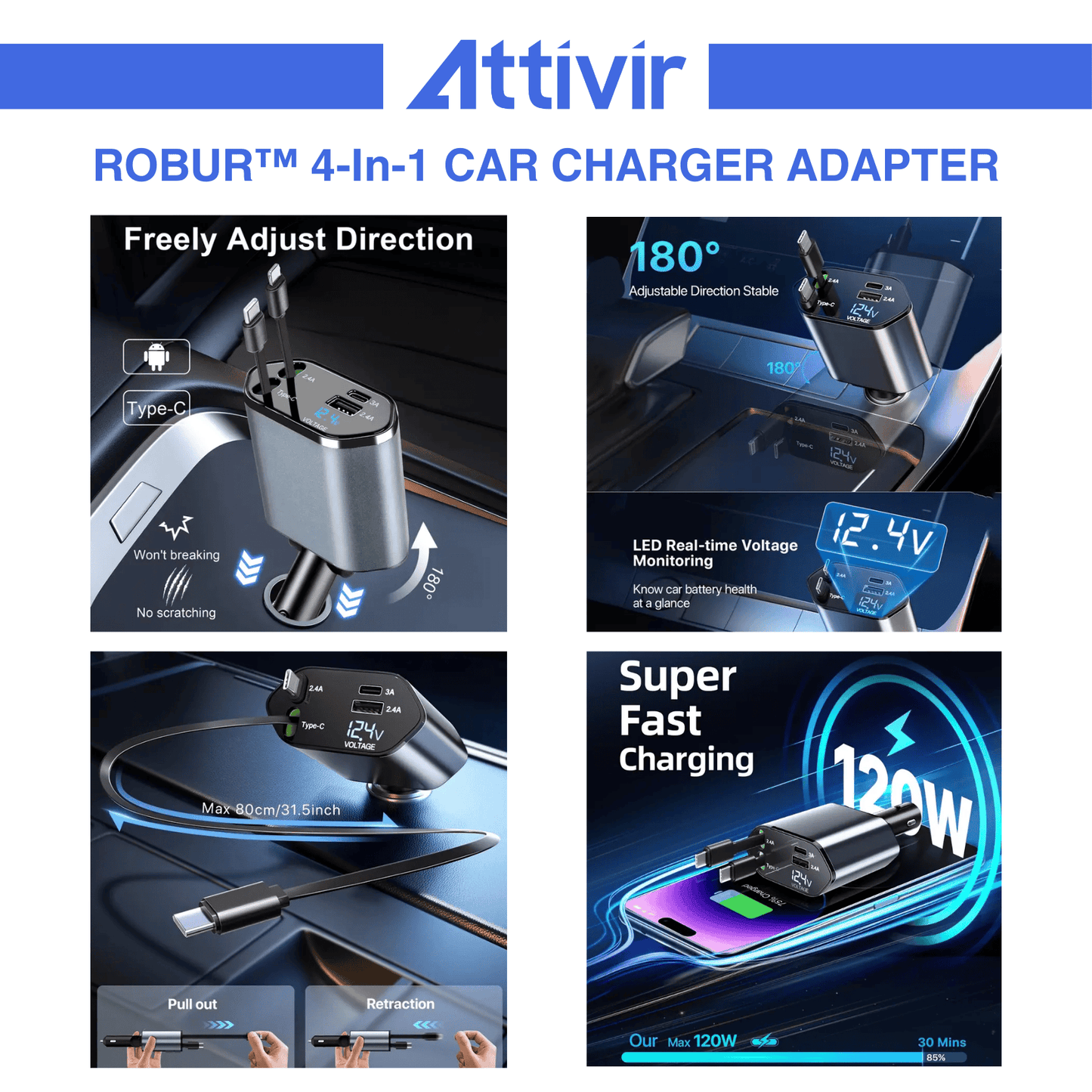 Robur™ 4 In 1 Car Charger Adapter