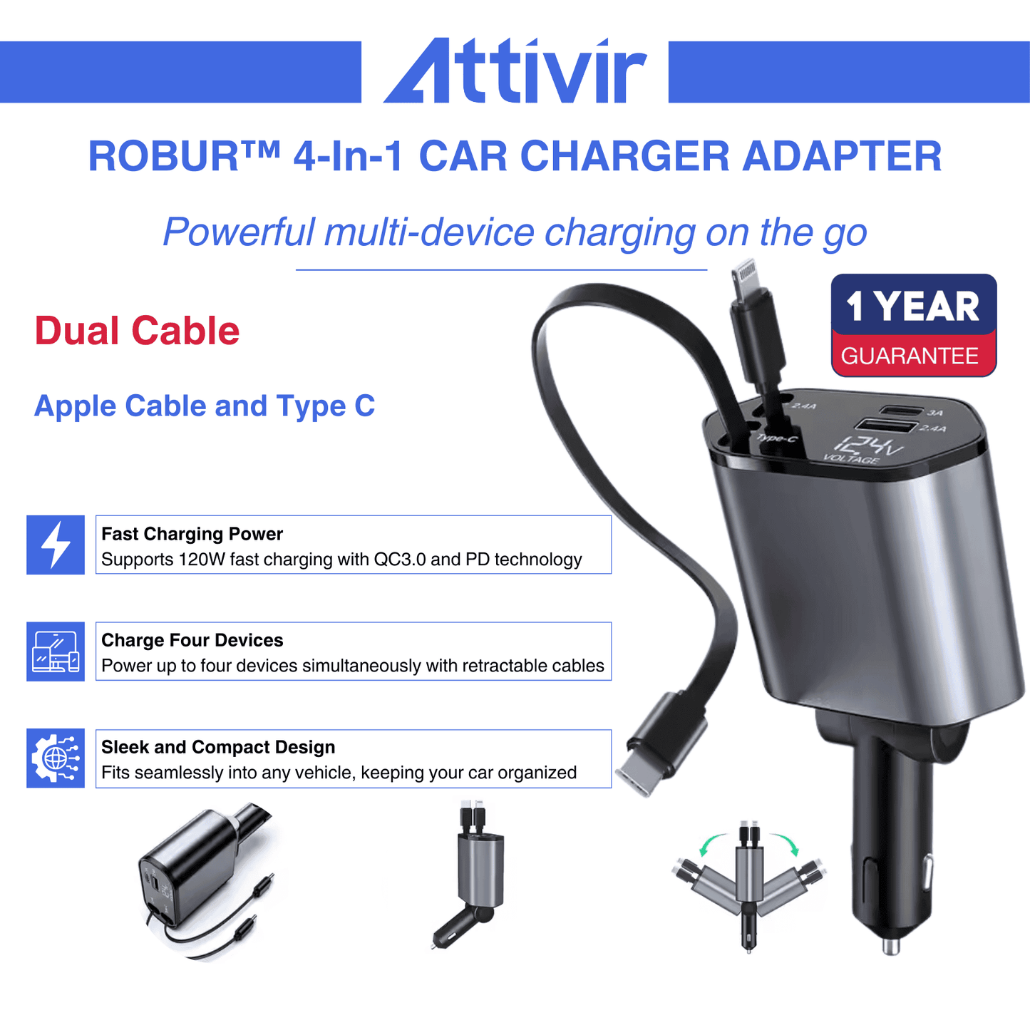 Robur™ 4 In 1 Car Charger Adapter