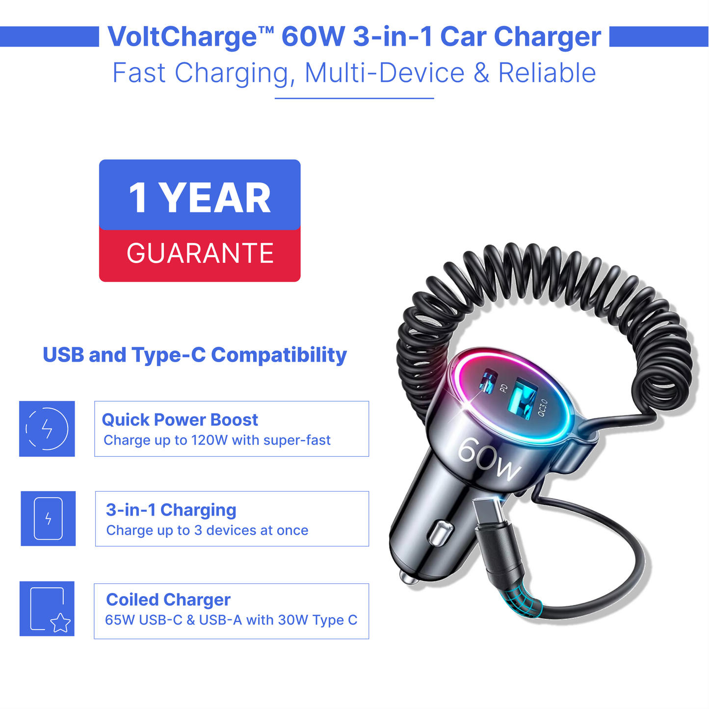 VoltCharge™ 60W 3-in-1 Fast Car Charger