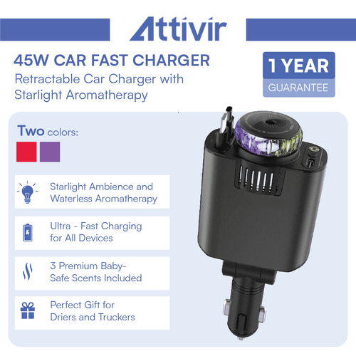Attivir 45W Car Charger + Starlight Aroma Diffuser