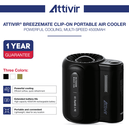 Attivir® BreezeMate™ Portable Fan - 3-Speed Personal Cooling with Clip-On Design